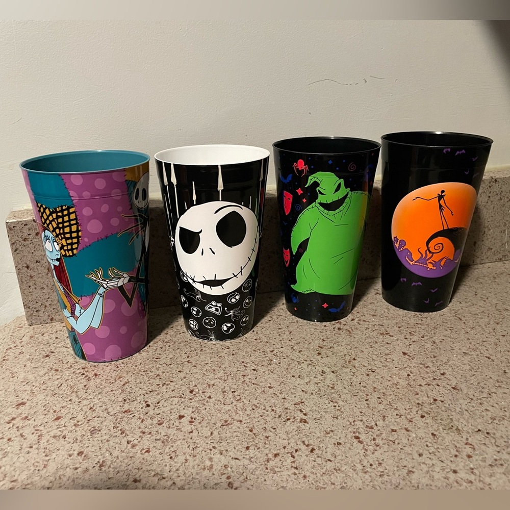 Nightmare Before Christmas set of 4 thick plastic collectible cups & 3 shot cups
